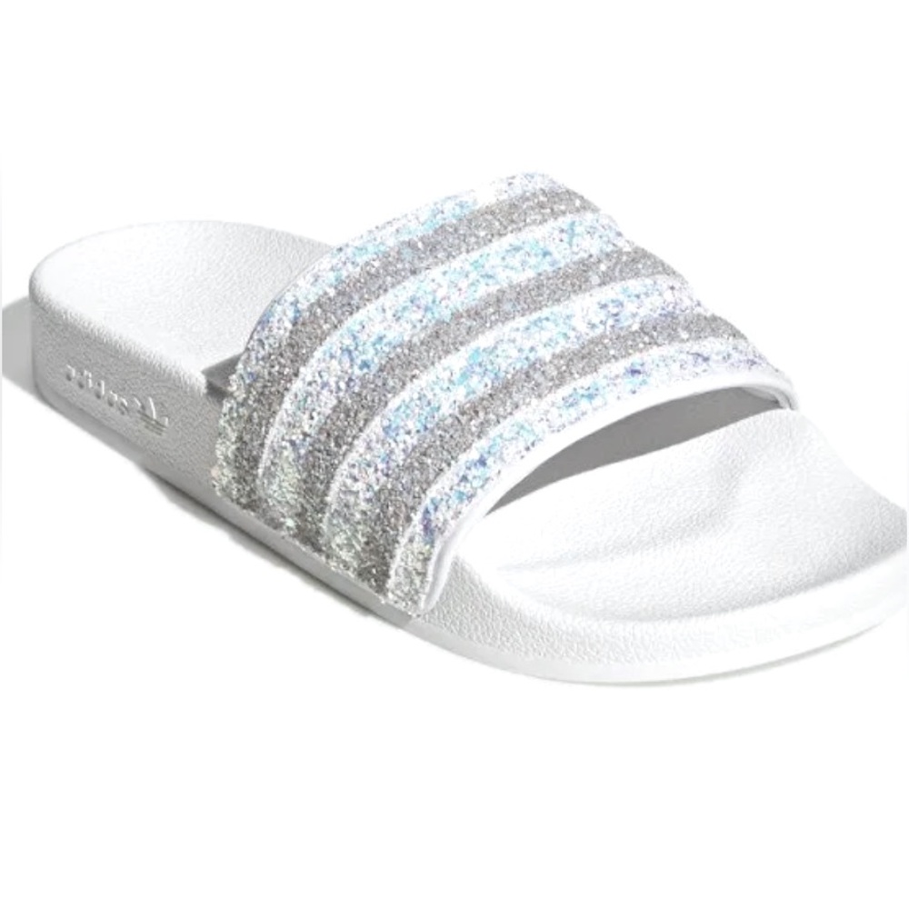Adidas Adilette Slides, White Glitter, Women’s 8
